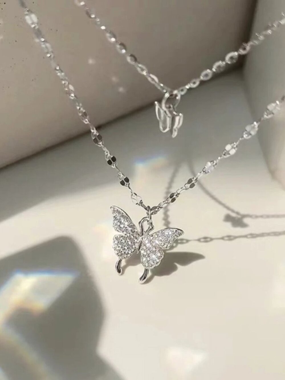 Luxurious Pave Crystal Butterfly Double Strand Necklace Silver Choker Jewelry
